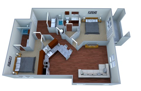 a floor plan of a one bedroom apartment with two bathrooms and a living room with a fireplace